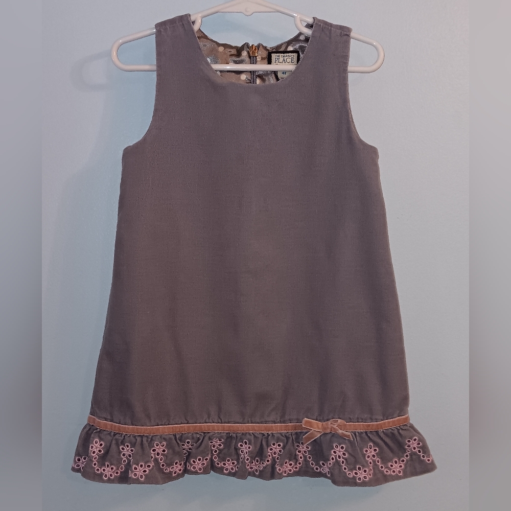 The Childrens Place Gray Dress Ruffled Embrodiered Hem Polka Dot Lining